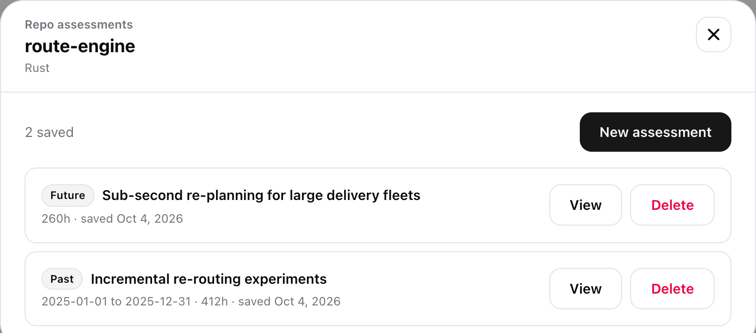 A repo's assessments window listing one saved assessment and a New assessment button.