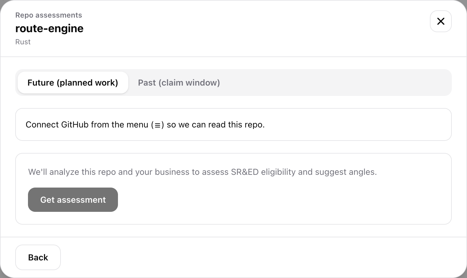 Starting a new assessment: choose Future (planned work) or Past (claim window).