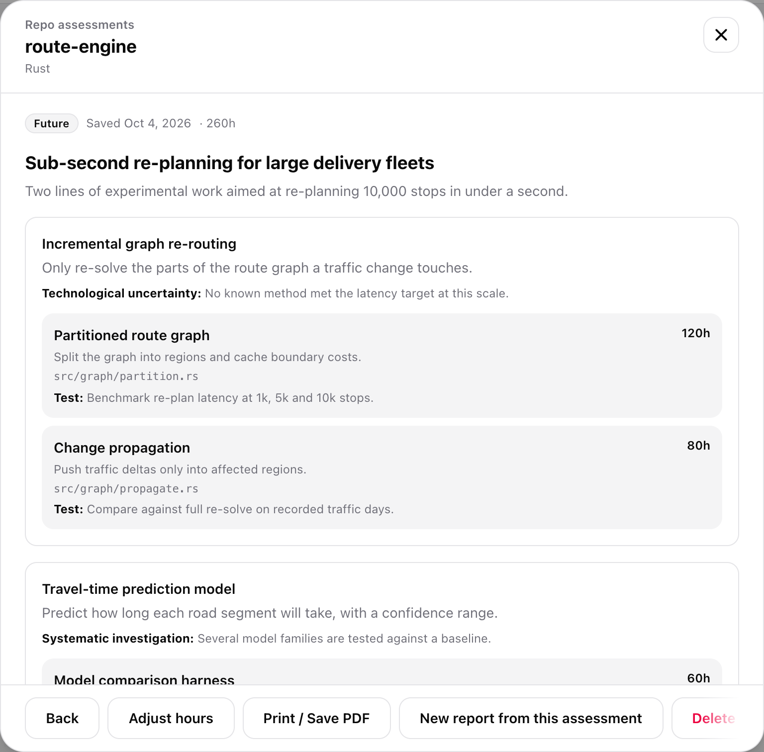 A saved assessment report with Back, Adjust hours and Print buttons.