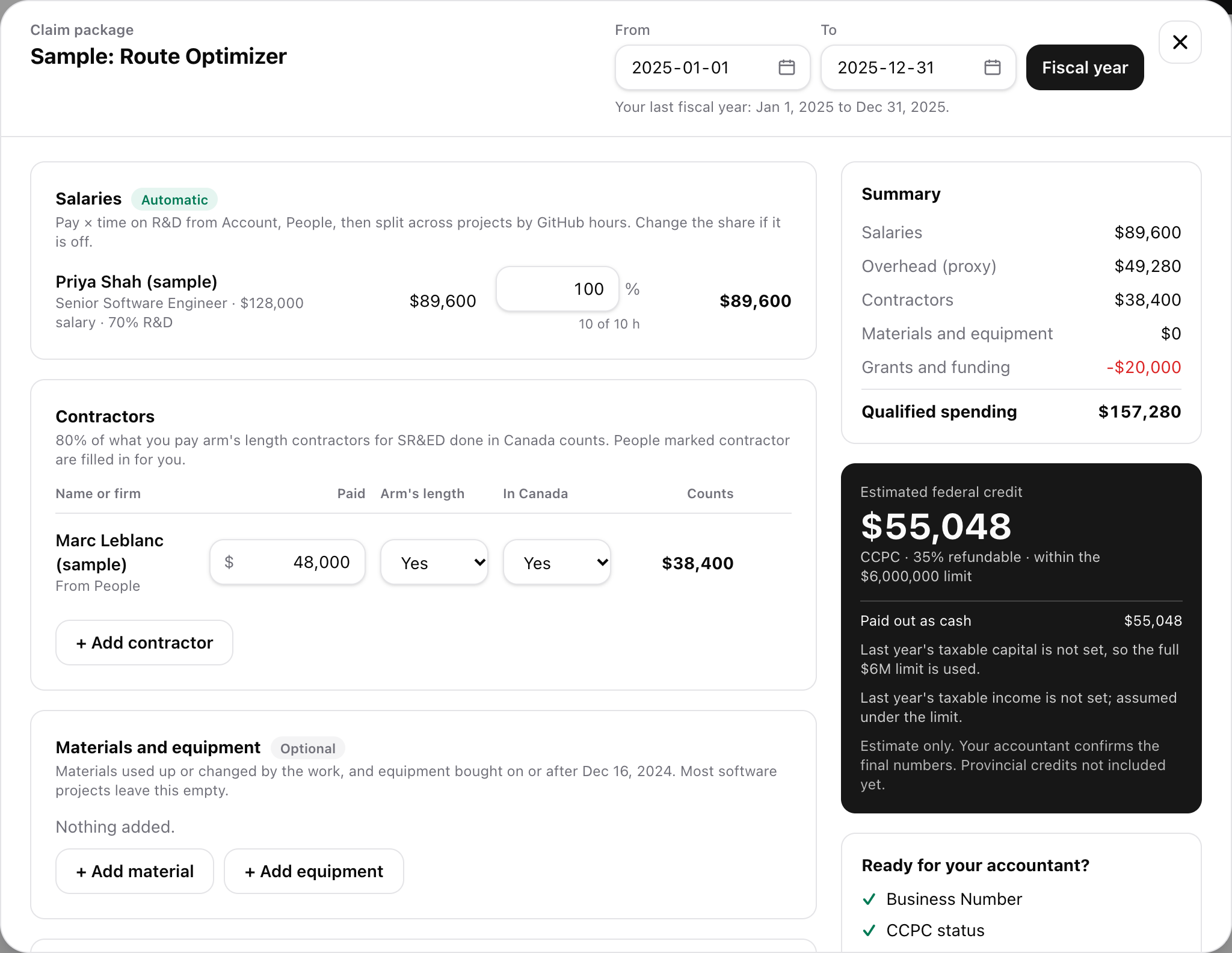 The claim package: salaries, contractors, overhead and funding, with the summary and credit estimate.
