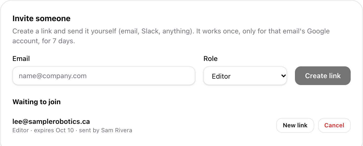 Members tab, Invite someone: email, role and Create link, with an invite waiting to be used.