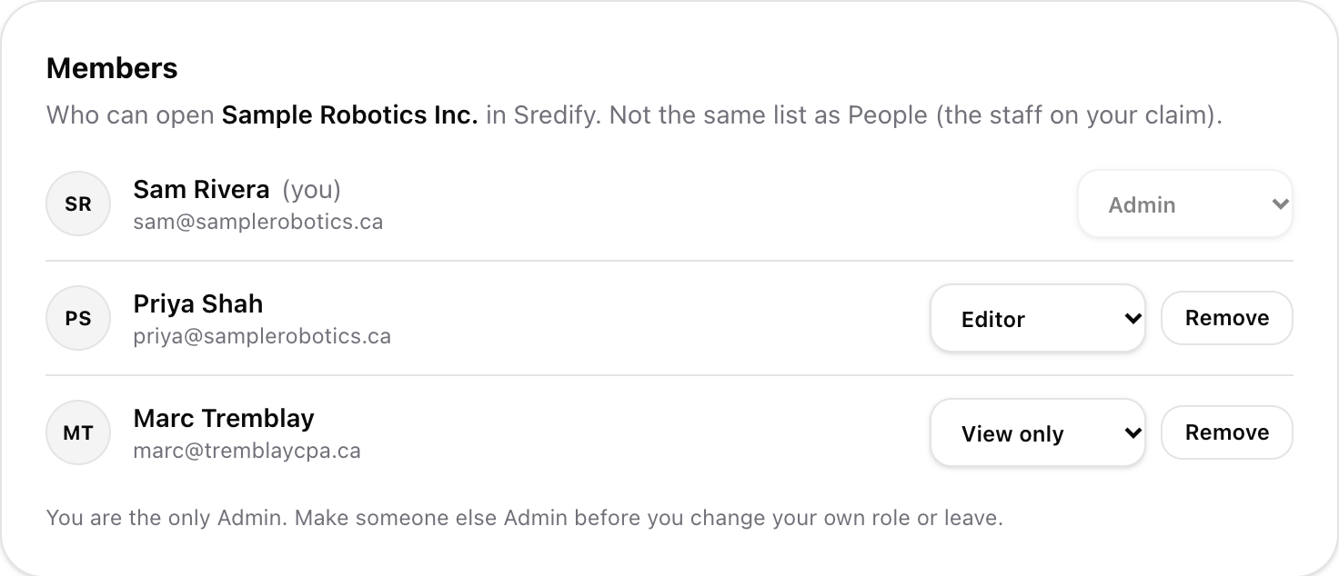 Account settings, Members tab: everyone in the company with their role.