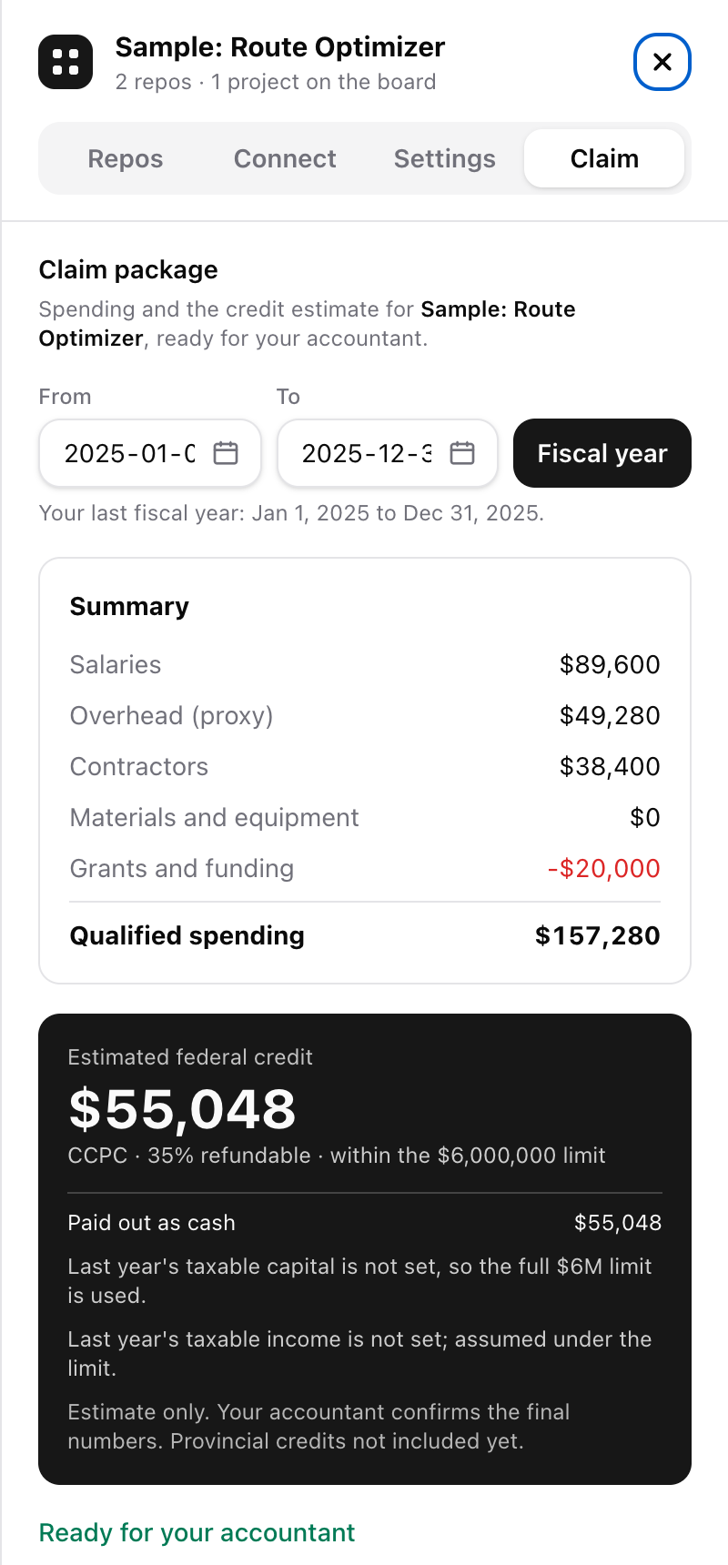 The project panel on the Claim tab: date range, summary, credit estimate and a fix count.