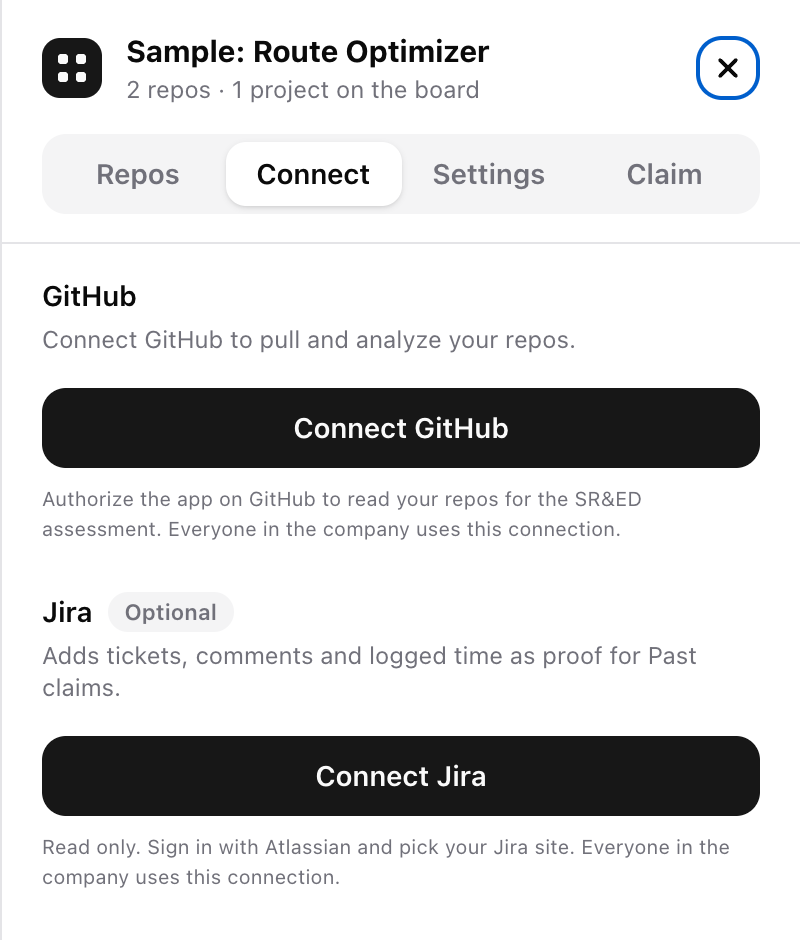 The project panel on the Connect tab, with the Connect GitHub button.