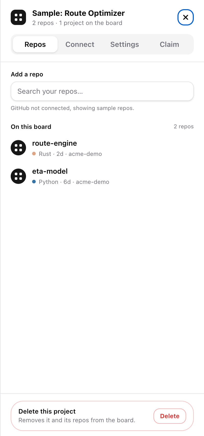 The project panel on the Repos tab, with a search box and the project's repos.