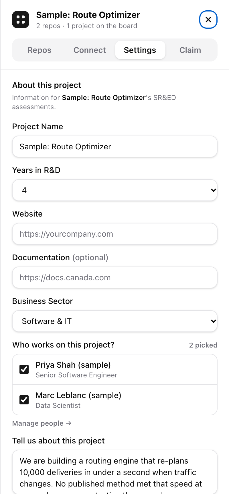 The project panel on the Settings tab: name, people and project description.