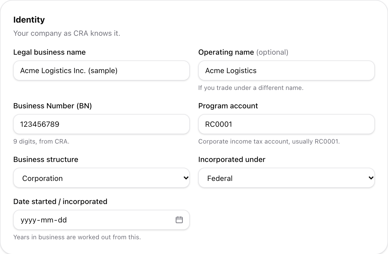 Account settings, Business tab: legal name, Business Number and program account.