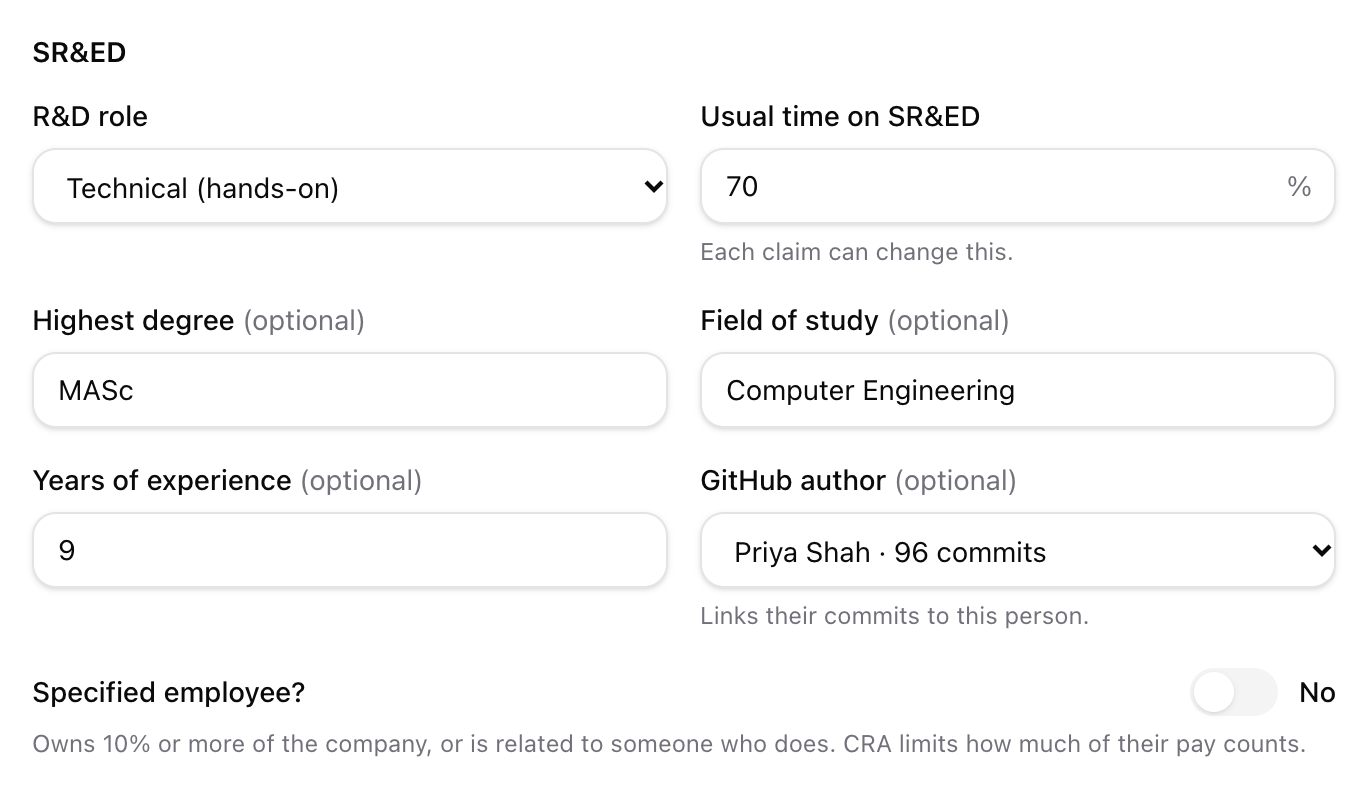 A person's SR&ED details: R&D role, usual time on SR&ED and GitHub author.