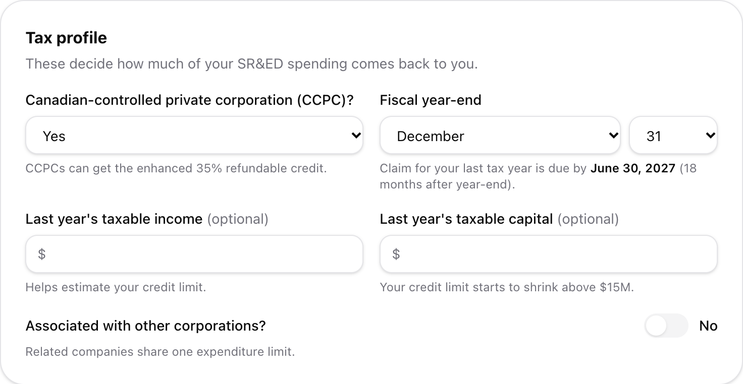 Account settings, SR&ED profile tab: CCPC, fiscal year end, taxable income and capital.
